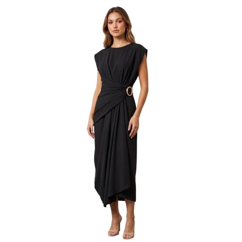 Mantu Gathered Waist Midi Dress w/ Gold Ring in Black 38 US 2